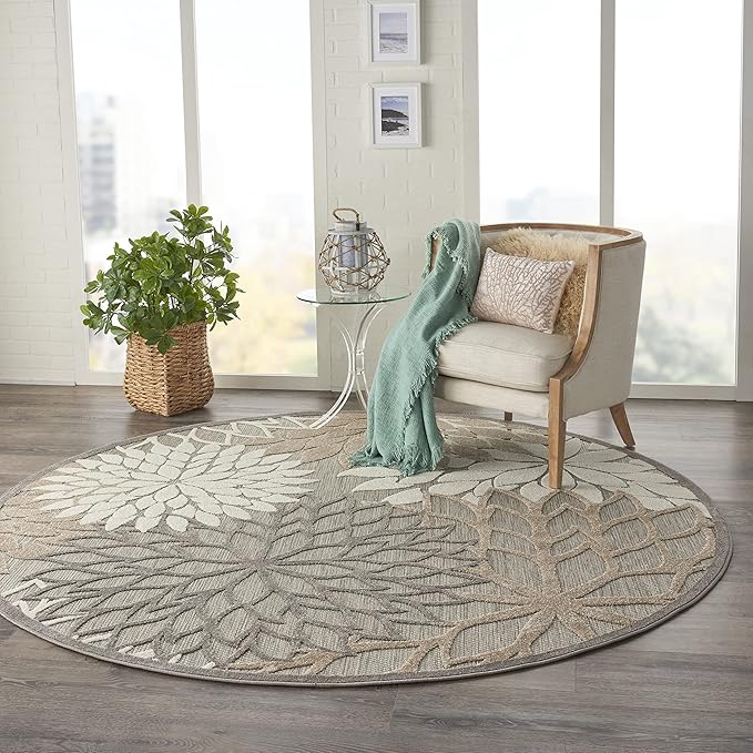 Nourison Aloha Indoor/Outdoor Area Rug 7’10”, Natural, Round Tropical Botanical Easy -Cleaning Non Shedding Bed Room Living Room Dining Room Deck Backyard Patio