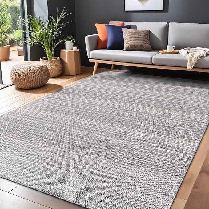 Stripe Outdoor Rug 10x14 Washable Outside Carpet for Indoor Patio Porch Waterproof Easy Cleaning Non Shedding Area Rugs Gray 10 x 14