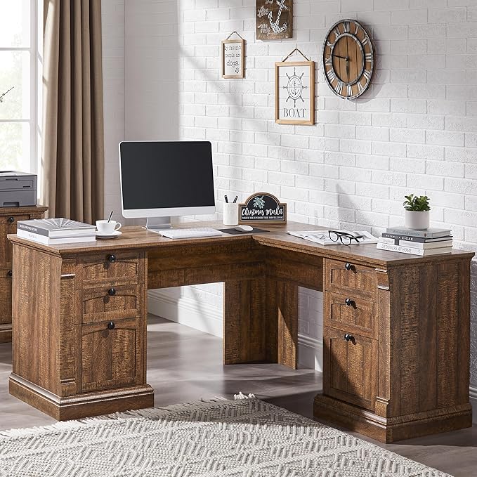 OKD 60" L Shaped Executive Desk with Drawers, Farmhouse Home Office Desk with Charging Station, File Cabinet Storage, Wood Corner Computer Desk for Work and Study, Reclaimed Barnwood