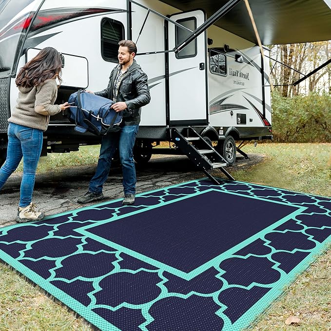 GENIMO 6' x 9' Outdoor Rug Waterproof for Patio Decor, Foldable Reversible Plastic Straw Area Rugs Mat for Camper, Outside Carpet for Rv, Deck, Porch, Picnic, Beach, Balcony, Navy Blue & Jade Green