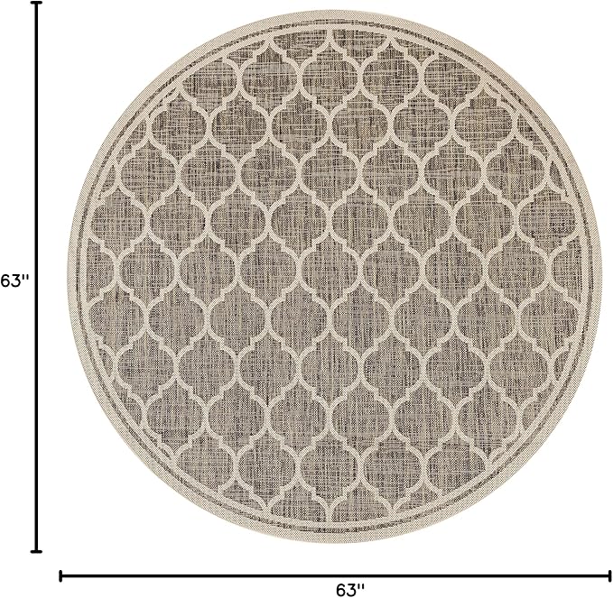 Eyely BMS109A-5R Santa Monica Trebol Moroccan Trellis Textured Weave Indoor/Outdoor Area Rug Coastal;Bohemian, Bedroom, Backyard, Patio, Easy-Cleaning, Non-Shedding, 5' Round, Brown/Beige