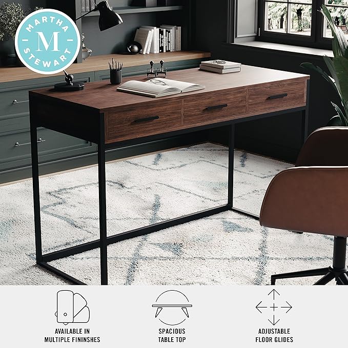 Martha Stewart Ollie Home Office Desk with 3 Drawers in Walnut Wood Grain with Oil Rubbed Bronze Hardware