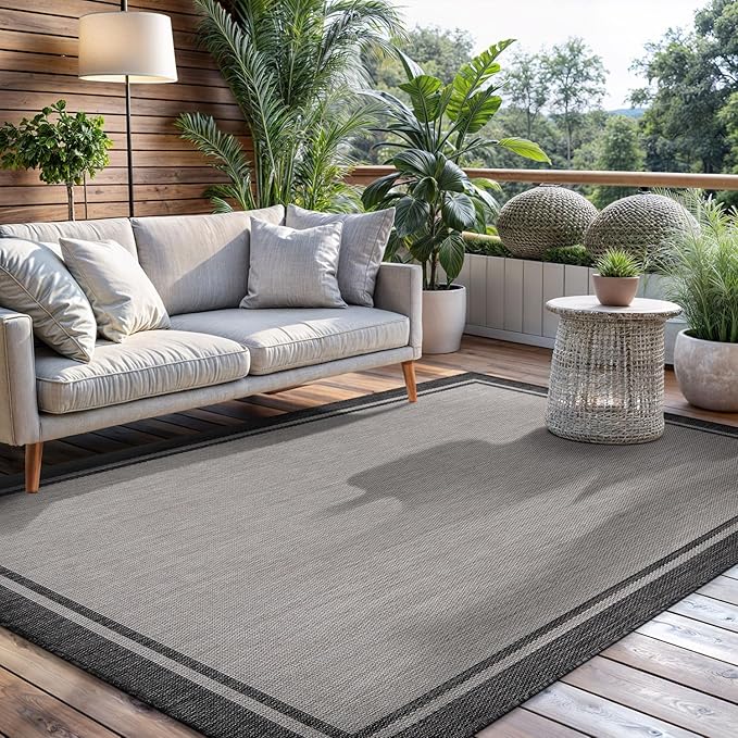 CAMILSON Indoor Outdoor Rug, 10x14 Bordered Gray Modern Area Rugs for Large Indoor and Outdoor Patios, Kitchen and Hallway Mats, Washable Porch Deck Outside Carpet (Bordered Grey, 10 x 14)
