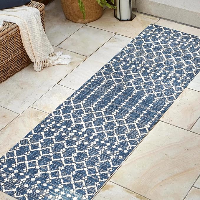 JONATHAN Y SMB108K-28 Ourika Moroccan Geometric Textured Weave Indoor Outdoor Runner Rug, Bohemian Coastal Traditional Easy-Cleaning,Bedroom,Kitchen,Backyard,Patio,Non Shedding, 2 X 8, Navy/Beige