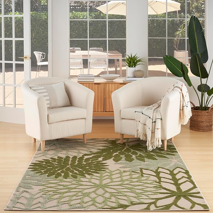 Nourison Home Aloha Tropical Indoor/Outdoor Ivory Green 5'3" x 7'5" Area Rug, Easy Cleaning, Non Shedding, Bed Room, Living Room, Dining Room, Backyard, Deck, Patio (5x7)