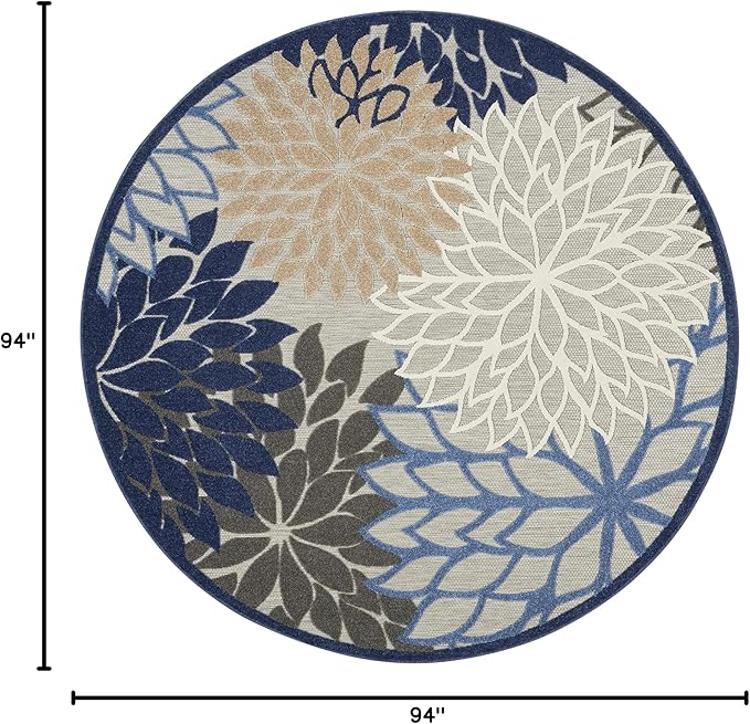 Nourison Aloha Indoor/Outdoor Blue/Multicolor 7'10" x Round Area Rug, Tropical, Botanical, Easy Cleaning, Non Shedding, Bed Room, Living Room, Dining Room, Deck, Backyard, Patio (8 Round)