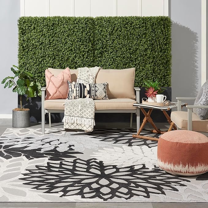 Nourison Aloha Indoor/Outdoor Black White 9' x 12' Area Rug, Tropical, Botanical, Easy Cleaning, Non Shedding, Bed Room, Living Room, Dining Room, Deck, Backyard, Patio (9x12)