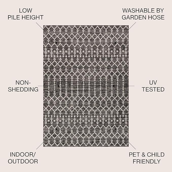 JONATHAN Y SMB108F-3SQ Ourika Moroccan Geometric Textured Weave Black/Gray 3' Square Indoor/Outdoor Area Rug, Pet Friendly, Non-Shedding, Stain Resistant, Easy-Cleaning for Backyard, Patio, Porch