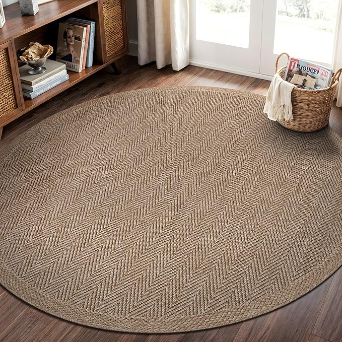 CAMILSON Easy Jute Round Rug 6ft Indoor Outdoor Natural Color Fiber Area Rugs for Living Room Patio and Kitchen Rug Herringbone Woven Design Easy-Cleaning Washable Outside Carpet Alfombras (6 Round)