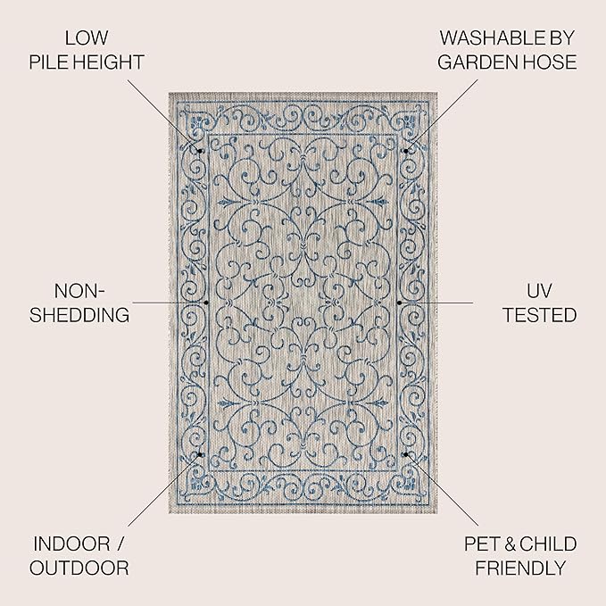 JONATHAN Y SMB106C-6SQ Charleston Vintage Filigree Textured Weave Gray/Navy 6' Square Indoor/Outdoor Area Rug, Pet Friendly, Non-Shedding, Stain Resistant, Easy-Cleaning for Backyard, Patio, Porch