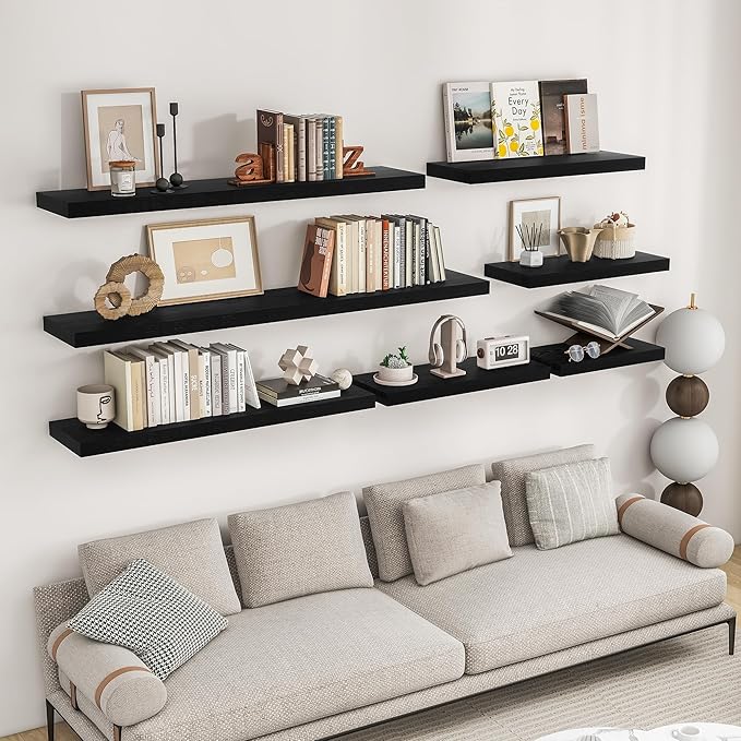 RICHFOCUS 31.5Inch Floating Shelves for Wall 2 Pack Shelves for Bedroom|Kitchen|Bathroom Wall Mounted Rustic Wood Floating Shelf with Invisible Brackets for Books|Storage|Decor, Black