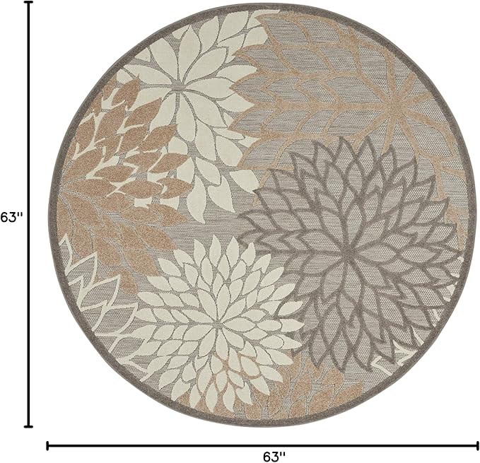 Nourison Aloha Indoor/Outdoor Area Rug 5'3", Natural, Round Tropical Botanical Easy-Cleaning Non Shedding Bed Room Living Room Dining Room Deck Backyard Patio