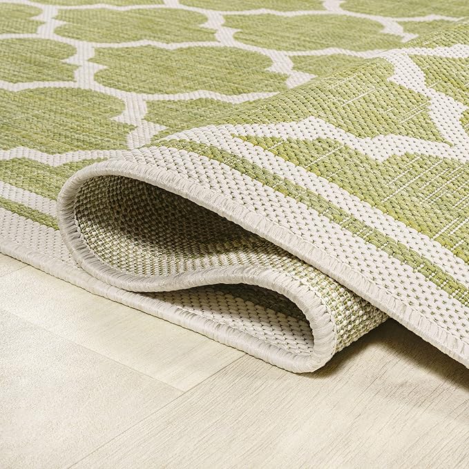 Eyely BMS109G-5R Santa Monica Trebol Moroccan Trellis Textured Weave Indoor/Outdoor Area Rug Coastal;Bohemian, Bedroom, Backyard, Patio, Easy-Cleaning, Non-Shedding, 5' Round, Green/Cream