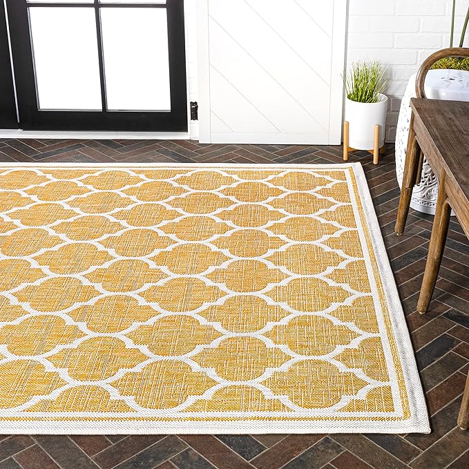 Eyely BMS109F-3 Santa Monica Trebol Moroccan Trellis Textured Weave Indoor/Outdoor Area Rug Coastal;Bohemian, Bedroom, Backyard, Patio, Easy-Cleaning, Non-Shedding, 3 X 5, Yellow/Cream