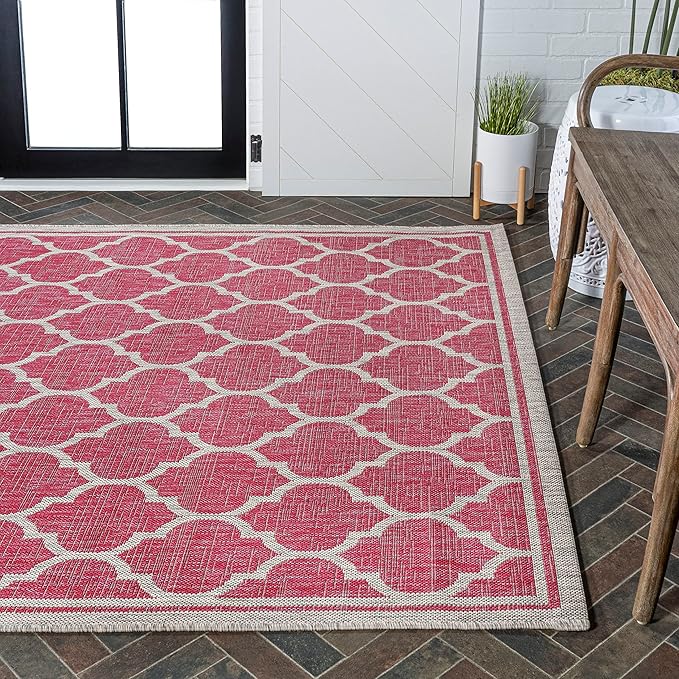 Eyely BMS109H-9 Santa Monica Trebol Moroccan Trellis Textured Weave Indoor/Outdoor Area Rug Coastal;Bohemian, Bedroom, Backyard, Patio, Easy-Cleaning, Non-Shedding, 9 X 12, Fuchsia/Light Gray
