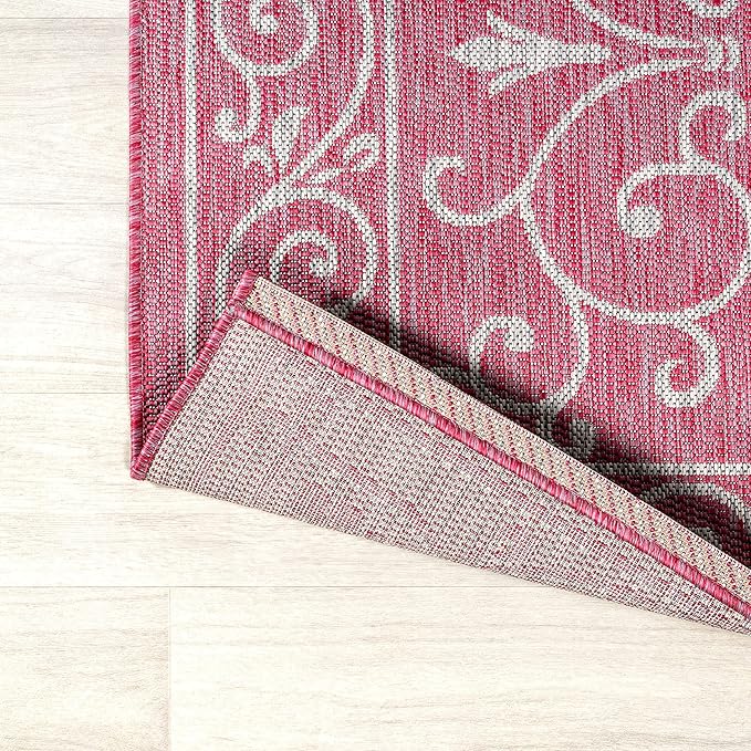 JONATHAN Y SMB106J-5R Charleston Vintage Filigree Textured Weave Indoor Outdoor Area Rug, Coastal, Bohemian, Classic Easy Clean,Bedroom,Kitchen,Backyard,Patio, Non-Shed, Fuchsia/Light Gray, 5' Round