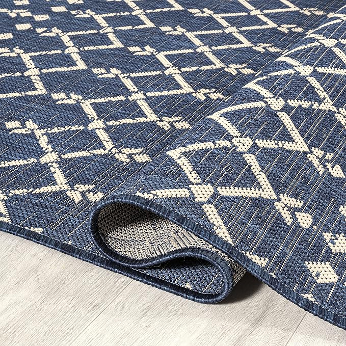 JONATHAN Y SMB108K-28 Ourika Moroccan Geometric Textured Weave Indoor Outdoor Runner Rug, Bohemian Coastal Traditional Easy-Cleaning,Bedroom,Kitchen,Backyard,Patio,Non Shedding, 2 X 8, Navy/Beige