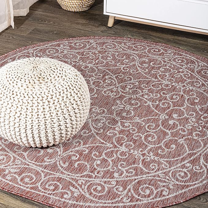 JONATHAN Y SMB106B-8R Charleston Vintage Filigree Textured Weave Red/Beige 8' Round Indoor/Outdoor Area Rug, Pet Friendly, Non-Shedding, Stain Resistant, Easy-Cleaning for Backyard, Patio, Porch