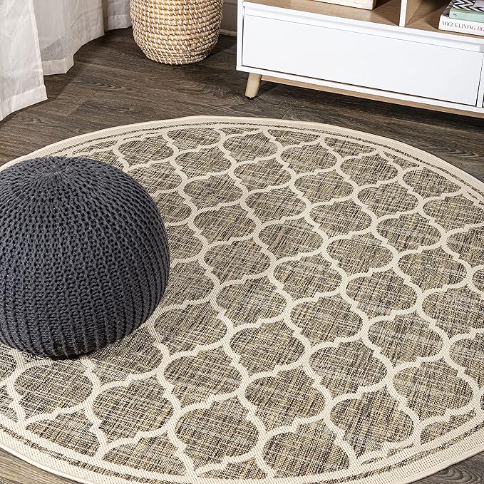 Eyely BMS109A-5R Santa Monica Trebol Moroccan Trellis Textured Weave Indoor/Outdoor Area Rug Coastal;Bohemian, Bedroom, Backyard, Patio, Easy-Cleaning, Non-Shedding, 5' Round, Brown/Beige