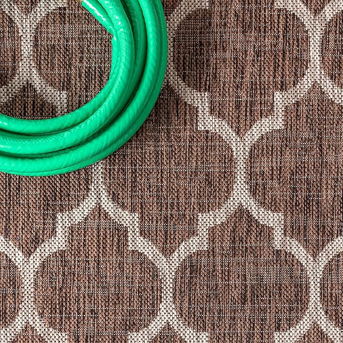 Eyely BMS109B-5R Santa Monica Trebol Moroccan Trellis Textured Weave Indoor/Outdoor Area Rug Coastal;Bohemian, Bedroom, Backyard, Patio, Easy-Cleaning, Non-Shedding, 5' Round, Espresso/Taupe