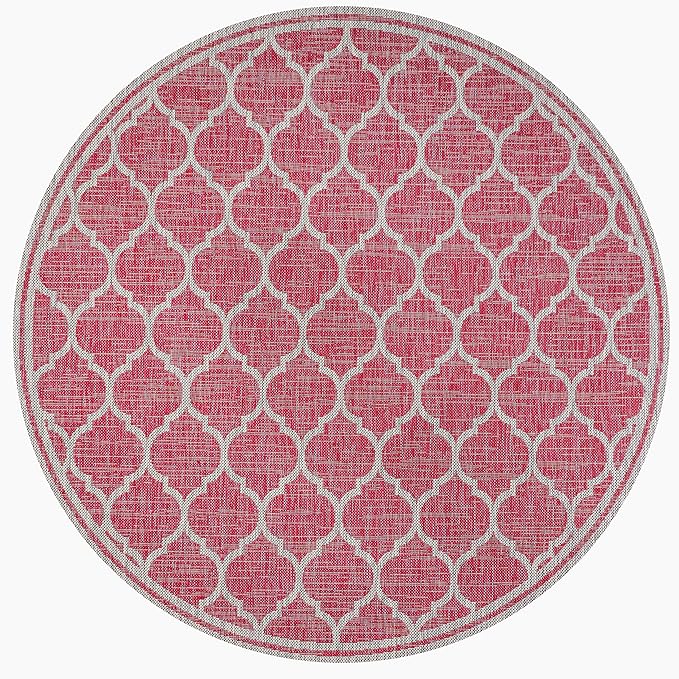 Eyely BMS109H-5R Santa Monica Trebol Moroccan Trellis Textured Weave Indoor/Outdoor Area Rug Coastal;Bohemian, Bedroom, Backyard, Patio, Easy-Cleaning, Non-Shedding, 5' Round, Fuchsia/Light Gray