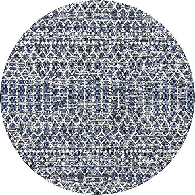 JONATHAN Y SMB108K-8R Ourika Moroccan Geometric Textured Weave Navy/Beige 8' Round Indoor/Outdoor Area Rug, Pet Friendly, Non-Shedding, Stain Resistant, Easy-Cleaning for Backyard, Patio, Porch