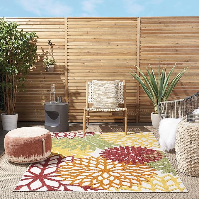 Nourison Aloha Indoor/Outdoor Red Multi Colored 5'3" x 7'5" Area Rug, Tropical, Botanical, Easy Cleaning, Non Shedding, Bed Room, Living Room, Dining Room, Deck, Backyard, Patio (5x7)
