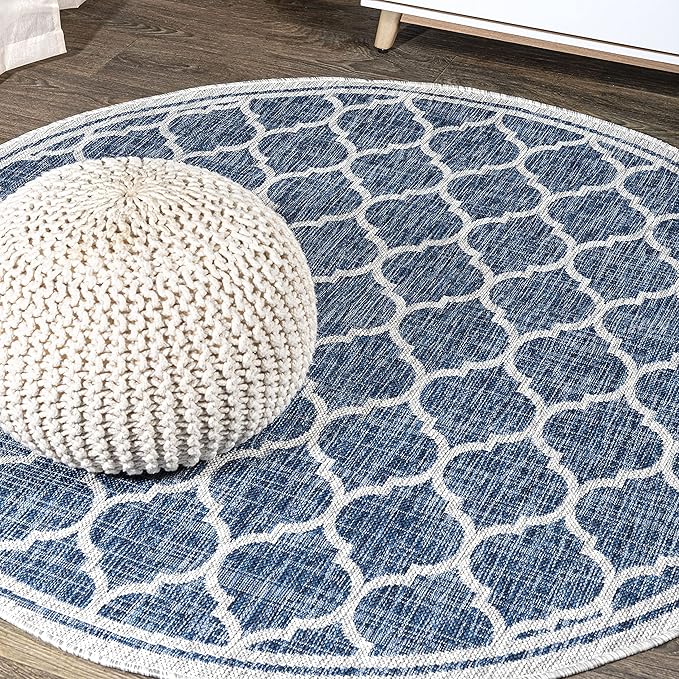 Eyely BMS109D-4R Santa Monica Trebol Moroccan Trellis Textured Weave, Pet Friendly, Non-Shedding, Stain Resistant, Easy-Cleaning, Navy/Gray, 4' Round, Indoor/Outdoor, Area Rug