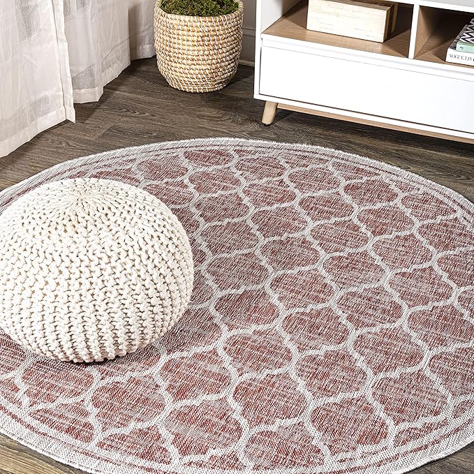 Eyely BMS109C-3R Santa Monica Trebol Moroccan Trellis Textured Weave, Pet Friendly, Non-Shedding, Stain Resistant, Easy-Cleaning, Red/Beige, 3' Round, Indoor/Outdoor, Area Rug