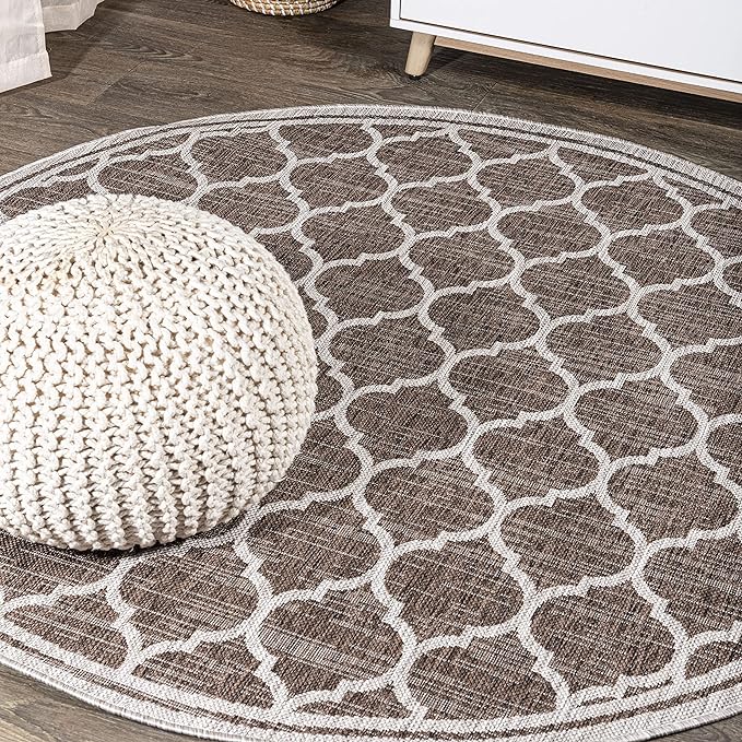 Eyely BMS109B-6R Santa Monica Trebol Moroccan Trellis Textured Weave, Pet Friendly, Non-Shedding, Stain Resistant, Easy-Cleaning, Espresso/Taupe, 6' Round, Indoor/Outdoor, Area Rug