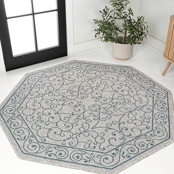 JONATHAN Y SMB106E-8TGN Charleston Vintage Filigree Textured Weave Gray/Teal 8' Octagon Indoor/Outdoor Area Rug, Non-Shedding, Stain Resistant,Fade Resistant, Easy-Cleaning for Backyard Patio, Porch