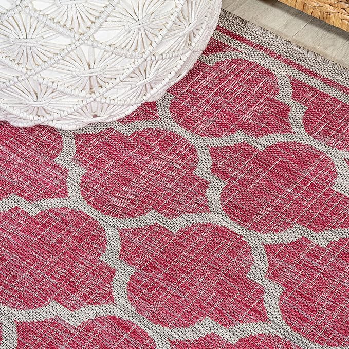 Eyely BMS109H-5SQ Santa Monica Trebol Moroccan Trellis Textured Weave Indoor/Outdoor Area Rug Coastal;Bohemian, Bedroom, Backyard, Patio, Easy-Cleaning, Non-Shedding, 5' Square, Fuchsia/Light Gray