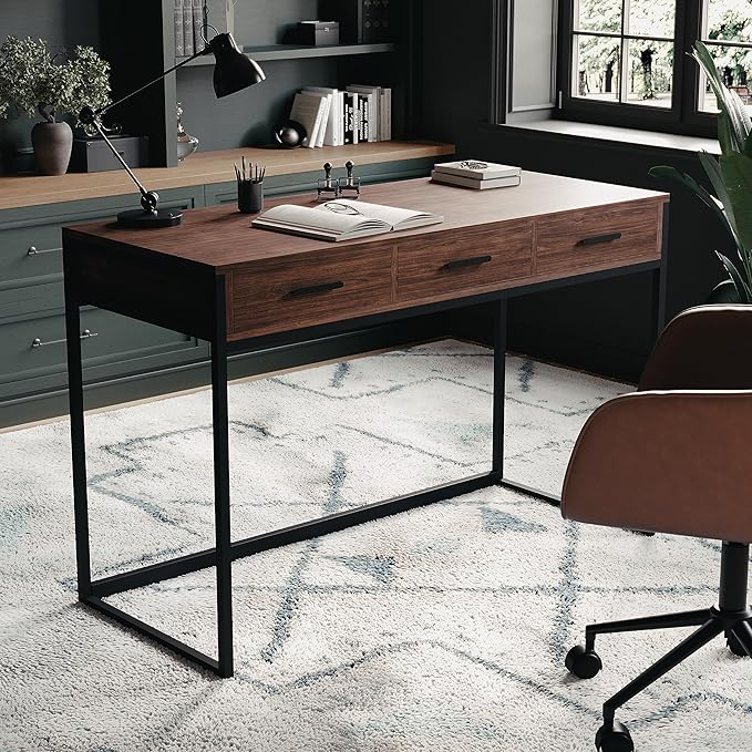 Martha Stewart Ollie Home Office Desk with 3 Drawers in Walnut Wood Grain with Oil Rubbed Bronze Hardware