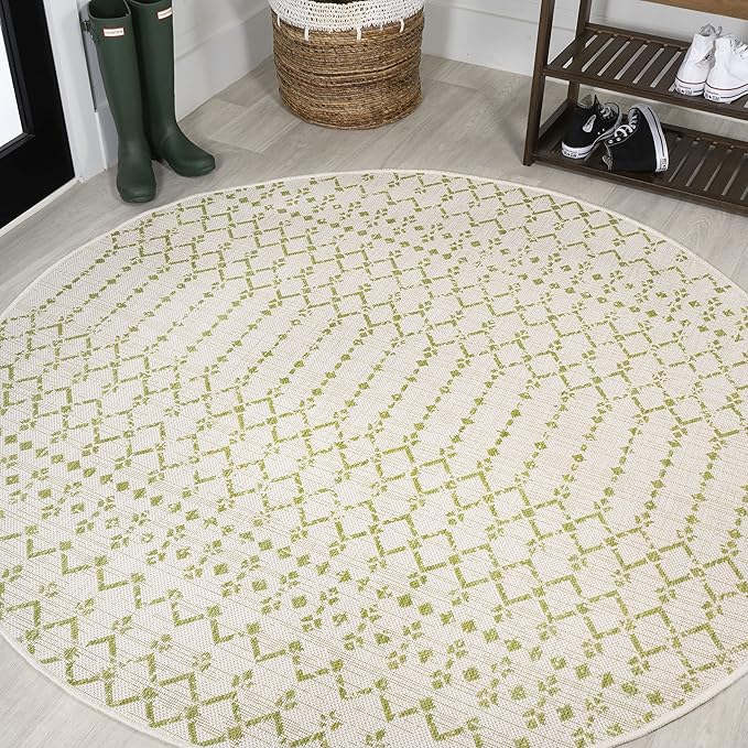 JONATHAN Y SMB108M-5R Ourika Moroccan Geometric Textured Weave Indoor Outdoor Area Rug, Coastal,Traditional,Transitional Easy Clean,Bedroom,Kitchen,Backyard,Patio, Non-Shed, Cream/Green, 5' Round