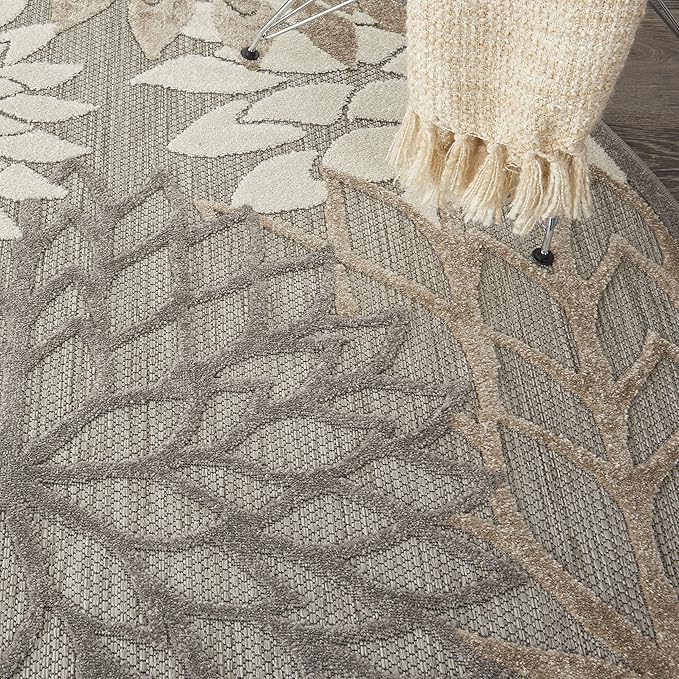 Nourison Aloha Indoor/Outdoor Area Rug 5'3", Natural, Round Tropical Botanical Easy-Cleaning Non Shedding Bed Room Living Room Dining Room Deck Backyard Patio
