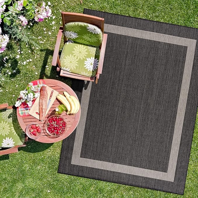 CAMILSON Outdoor Rug 9x12, Large Modern Outside Rugs for Patios Porches Waterproof Durable Washable Non-Shedding, Easy-to-Clean Indoor Outdoor Area Carpet (9 x 12, Bordered - Dark Gray/Light Gray)
