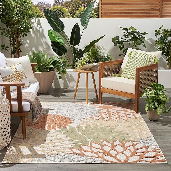 Nourison Home Aloha Indoor-Outdoor Ivory Multicolor 5'3" x 7'5" Area Rug, Easy Cleaning, Non Shedding, Bed Room, Living Room, Dining Room, Backyard, Deck, Patio (5x7)