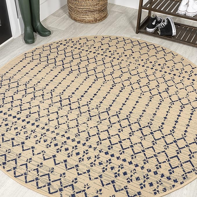 JONATHAN Y SMB108H-4R Ourika Moroccan Geometric Textured Weave Beige/Navy 4' Round Indoor/Outdoor Area Rug, Pet Friendly, Non-Shedding, Stain Resistant, Easy-Cleaning for Backyard, Patio, Porch