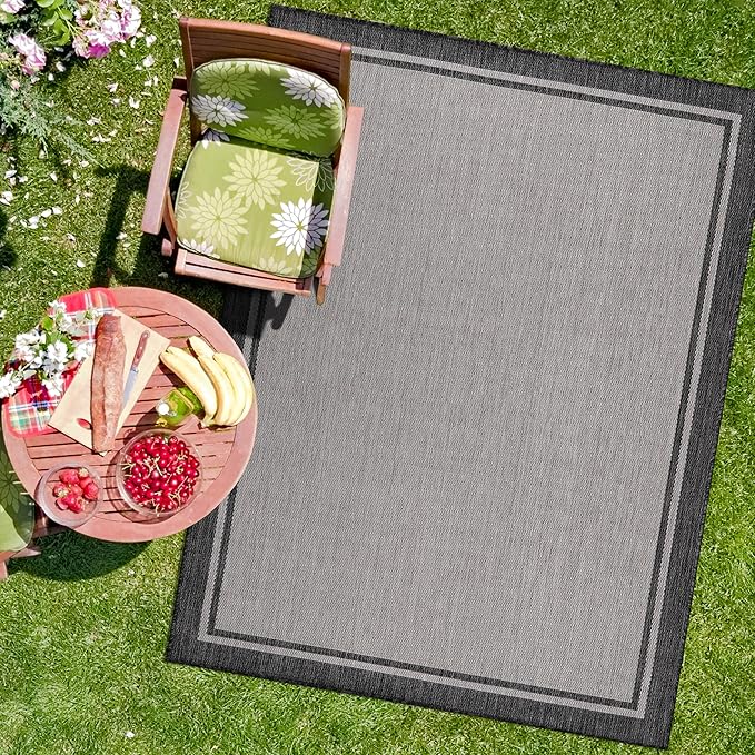CAMILSON Indoor Outdoor Rug, 10x14 Bordered Gray Modern Area Rugs for Large Indoor and Outdoor Patios, Kitchen and Hallway Mats, Washable Porch Deck Outside Carpet (Bordered Grey, 10 x 14)
