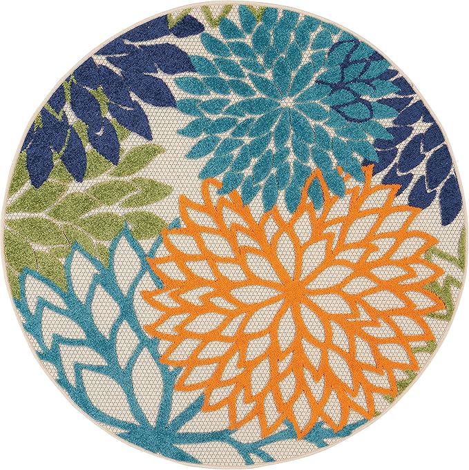 Nourison Home Aloha Indoor/Outdoor Multicolor 4' x Round Area Rug, Tropical, Botanical, Easy Cleaning, Non Shedding, Bed Room, Living Room, Dining Room, Deck, Backyard, Patio (4 Round)