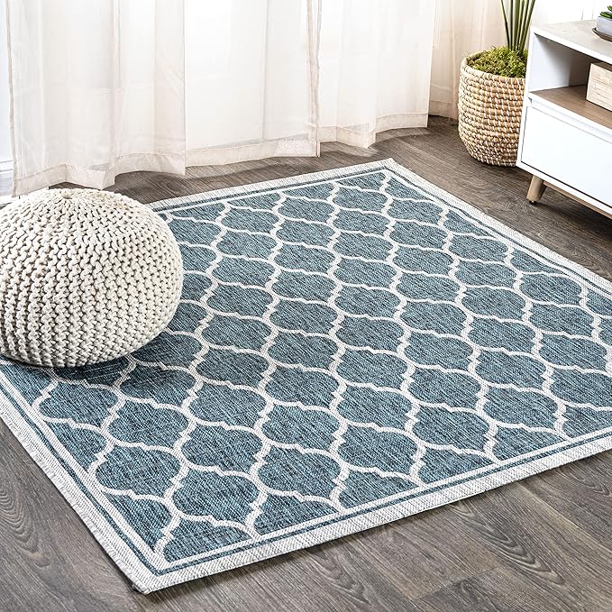 Eyely BMS109E-4SQ Santa Monica Trebol Moroccan Trellis Textured Weave, Pet Friendly, Non-Shedding, Stain Resistant, Easy-Cleaning, Teal/Gray, 4' Square, Indoor/Outdoor, Area Rug