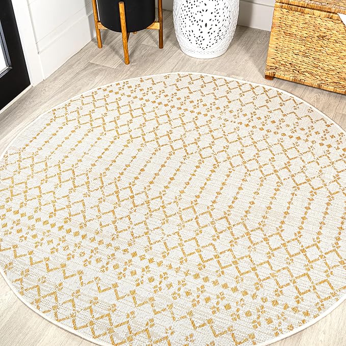 JONATHAN Y SMB108J-5R Ourika Moroccan Geometric Textured Weave Indoor Outdoor Area Rug, Coastal, Bohemian, Modern Easy-Cleaning,Bedroom,Kitchen,Backyard,Patio,Non Shedding, Cream/Yellow, 5' Round