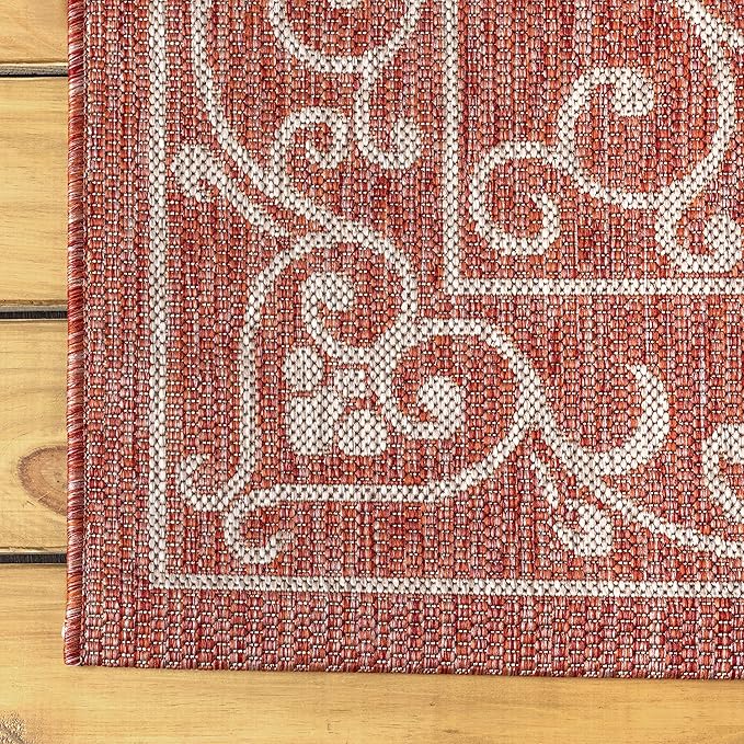 JONATHAN Y SMB106B-8R Charleston Vintage Filigree Textured Weave Red/Beige 8' Round Indoor/Outdoor Area Rug, Pet Friendly, Non-Shedding, Stain Resistant, Easy-Cleaning for Backyard, Patio, Porch