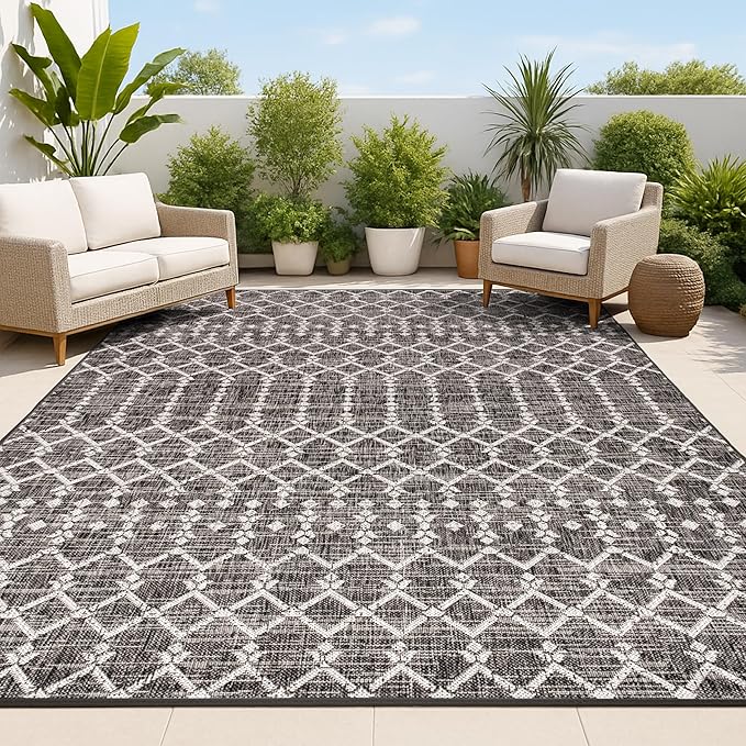 JONATHAN Y Moroccan Geometric Indoor Outdoor Area Rug 8X10 Black/Gray, Ourika Textured Weave for Backyard, Patio, Porch, Easy-Cleaning, High Traffic, Pet-Friendly, Non-Shedding (SMB108F-8)