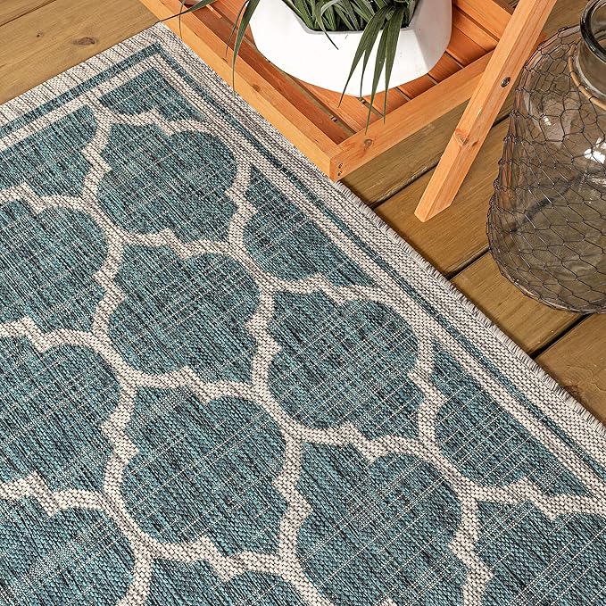 Eyely BMS109E-28 Santa Monica Trebol Moroccan Trellis Textured Weave Indoor/Outdoor Runner Rug Coastal;Bohemian, Bedroom, Backyard, Patio, Easy-Cleaning, Non-Shedding, 2 X 8, Teal/Gray