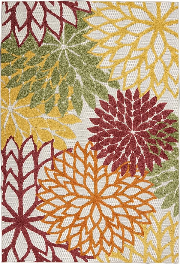 Nourison Aloha Indoor/Outdoor Red Multi Colored 5'3" x 7'5" Area Rug, Tropical, Botanical, Easy Cleaning, Non Shedding, Bed Room, Living Room, Dining Room, Deck, Backyard, Patio (5x7)