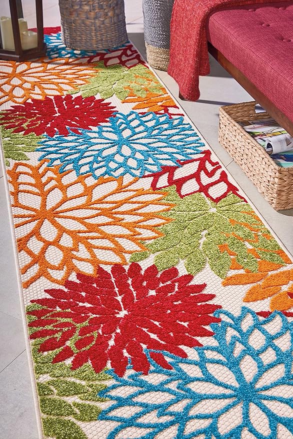 Nourison Aloha Indoor/Outdoor Green 2'3'' x 10' Area--Rug, Tropical, Botanical, Easy--Cleaning, Non Shedding, Bed Room, Living Room, Dining Room, Deck, Backyard, Patio (2x10)