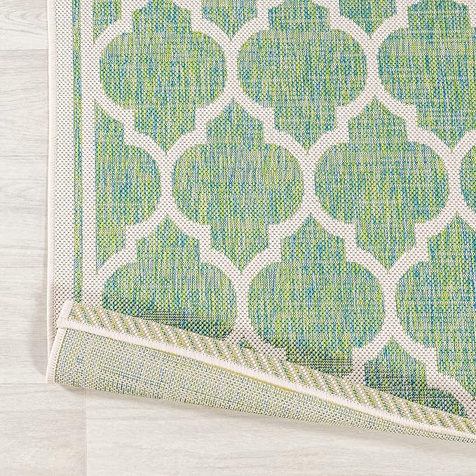 Eyely BMS109I-28 Santa Monica Trebol Moroccan Trellis Textured Weave Indoor/Outdoor Runner Rug Coastal;Bohemian, Bedroom, Backyard, Patio, Easy-Cleaning, Non-Shedding, 2 X 8, Cream/Green