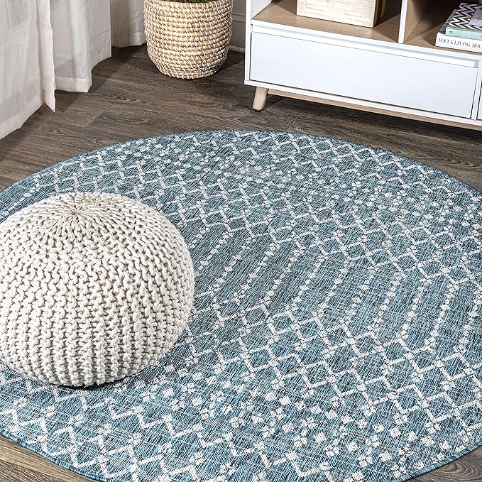 JONATHAN Y SMB108C-8R Ourika Moroccan Geometric Textured Weave Teal/Gray 8' Round Indoor/Outdoor Area Rug, Pet Friendly, Non-Shedding, Stain Resistant, Easy-Cleaning for Backyard, Patio, Porch
