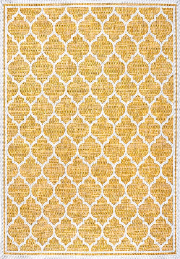 Eyely BMS109F-8 Santa Monica Trebol Moroccan Trellis Textured Weave Indoor/Outdoor Area Rug Coastal;Bohemian, Bedroom, Backyard, Patio, Easy-Cleaning, Non-Shedding, 8 X 10, Yellow/Cream